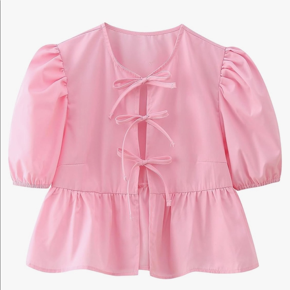 Pink Puff Sleeve Cropped Tie Front Peplum Top Size S